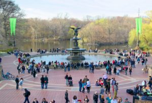 city fountain park filled with people