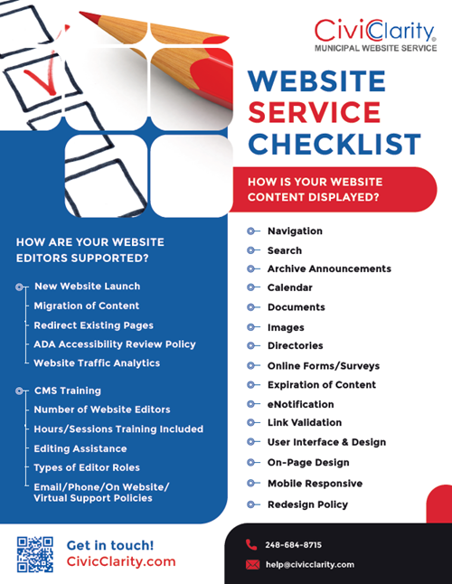 Checklist for municipal website service features and support.