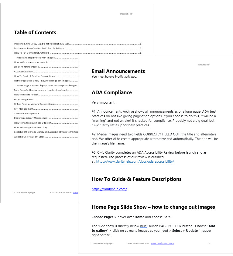 Sample webpage layout showing table of contents and sections