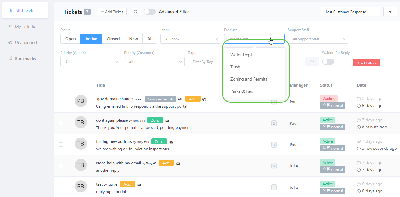 Customer support ticket management interface screenshot