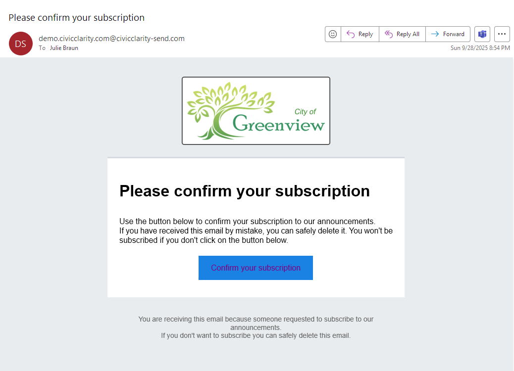 City of Greenview email subscription confirmation screen